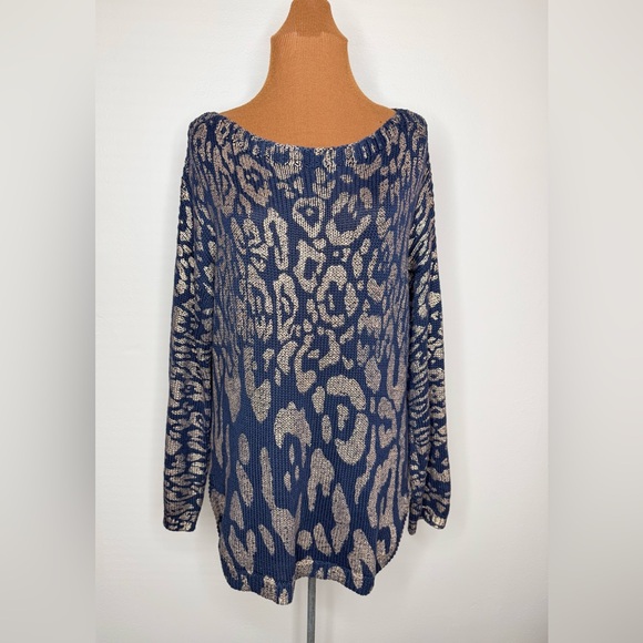 Chico's Tops - Chico’s Sophie Blue & Gold Foil Shine Pullover Sweater Animal Print Size 2 Large